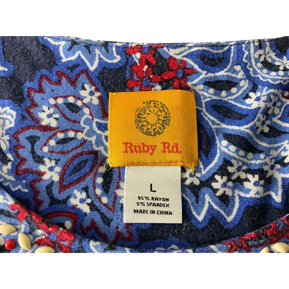 Ruby Rd Shirt Womens Large Blue Red Paisley Beaded Scoop Neck Short Sleeve Top - Picture 3 of 7